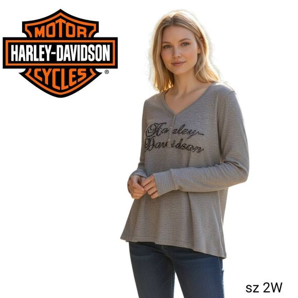 Harley-Davidson Tops - Harley Davidson Soft Gray Long Sleeve Embroidered Rhinestone Embellished Shirt